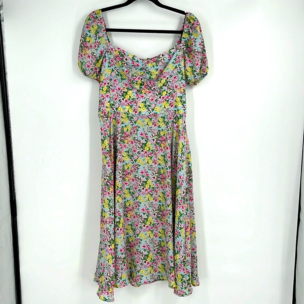 Maison Tara Cottagecore Blue Floral Pink Yellow Print Puff Sleeve Midi Dress